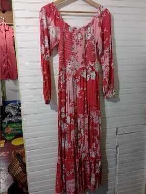 Natural Life Red Floral Long Sleeve Maxi Dress - Smocked Bodice